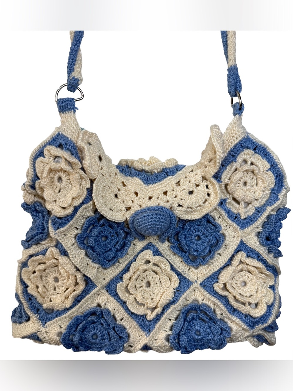 Handmade Crochet Floral Granny Square Shoulder Bag Blue Cream Lined Boho Purse